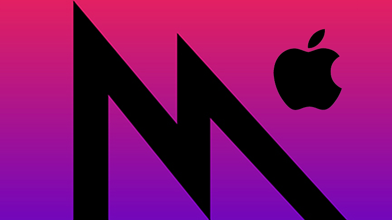 Black Mac logo and letter M on a purple background