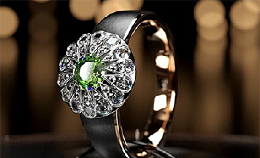 an intricate jewelwry ring with Diamonds and an emerald